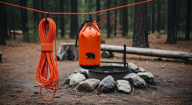 Camping travel concept bear hang rope, dry bag, pine clearing, fire ring stones photo