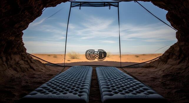 Camping travel concept two sleeping pads aligned parallel in a desert bivy hollow with wind patterns and stars implied. photo