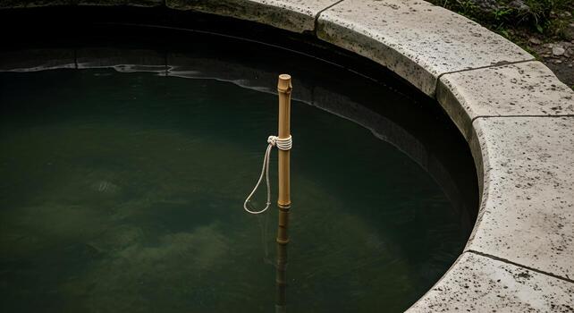 Waterfall travel concept with bamboo stick and cord loop in karst resurgence fountain, emphasizing sharp textures, clean photo