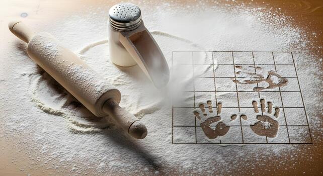 Bakery culinary , featuring rolling pin and flour shaker on a bench with flour cloud and handprint grid negative space photo