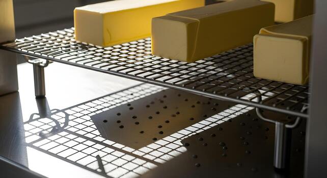 Bakery culinary cooling rack with dotted shadows, butter block geometry, and folds in a lamination station photo
