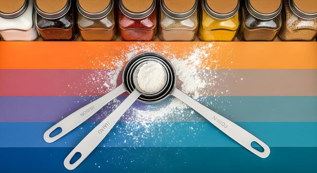 Home Cooking Measuring spoons with flour dusting in a spice drawer, top view with a color gradient pattern and unlabeled jars photo