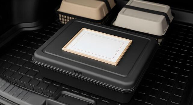 Food Delivery culinary featuring neutral delivery label frame empty on the lid placed within car trunk liner with non-slip pattern photo