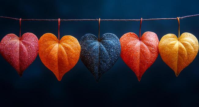 Colorful heart-shaped leaves on a string. Five vibrant heart-shaped leaves hang on a string, displaying captivating colors and textures against a dark background. photo
