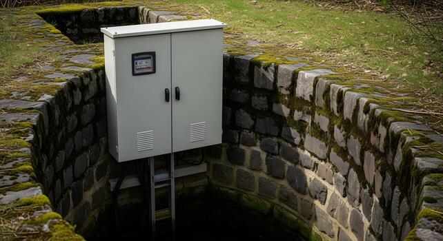 Renewable Energy - string combiner box with covers closed and no markings in micro-hydro canal with penstock curve photo