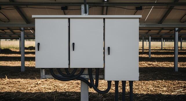 Renewable Energy - string combiner box with covers closed and no markings in brownfield solar redevelopment with photo