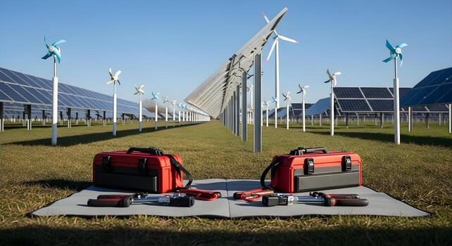 Renewable Energy - maintenance toolkit in symmetry on a mat in hybrid field mixing small turbines and panel arrays photo