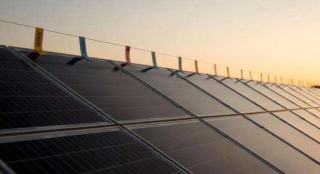 Solar Panels - string labels replaced by color tabs without text in tracker row at golden hour with long photo