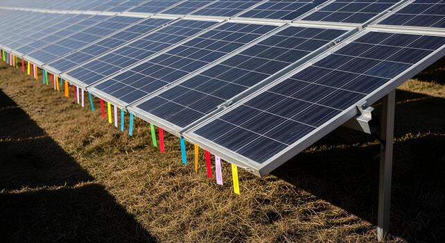Solar Panels - string labels replaced by color tabs without text in ground-mount rows casting parallel shadows on photo