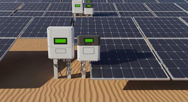 Solar Panels - microinverter housings with labels removed in desert array with wind-carved ripples between rows photo