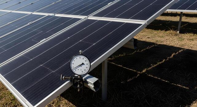 Solar Panels - panel angle gauge with blank dial near a clamp in ground-mount rows casting parallel shadows on dry photo