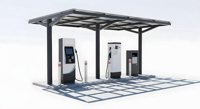 Electric Car Charging - payment terminal mockup with no numbers or text in highway rest stop with canopy posts and photo