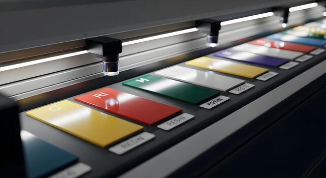 Recycling - color sample chips for resin types without letters in sorting line belt with light beams and sensor photo