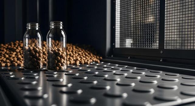 Recycling - sample bottles with pellets and no labels in compactor area with platen pattern and safety mesh photo