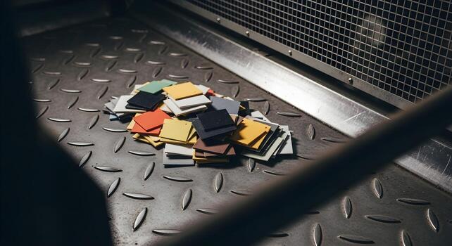 Recycling - color sample chips for resin types without letters in compactor area with platen pattern and safety photo