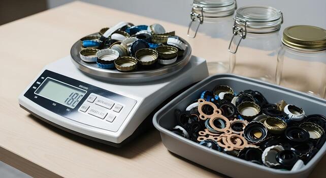 Zero Waste - reusable bottle caps and gaskets sorted in weigh station table with scale screen dark and jars photo