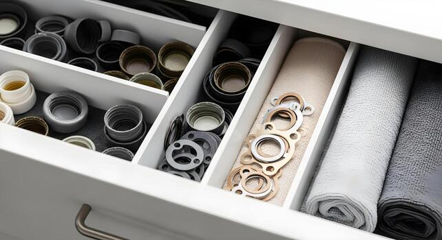 Zero Waste - reusable bottle caps and gaskets sorted in reusable kit drawer with dividers and soft cloths, natural photo