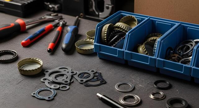 Zero Waste - reusable bottle caps and gaskets sorted in repair bench with tools and spare parts neatly sorted photo