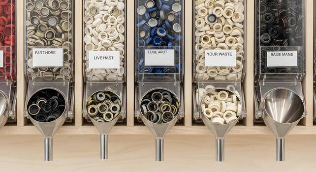 Zero Waste - reusable bottle caps and gaskets sorted in bulk refill wall with gravity bins and clean funnels photo