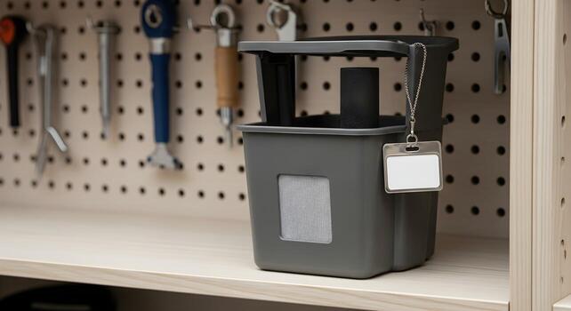 Zero Waste - compost caddy with carbon filter and blank badge in community tool library shelf with peg layout photo