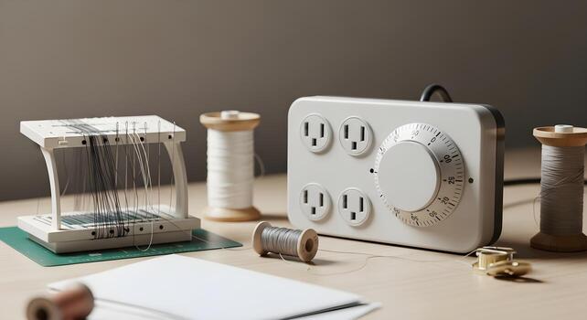 Sustainable Lifestyle - multi-outlet timer with blank dial plate in clothes mending desk with spools and needles photo