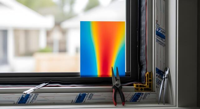 Climate Action - thermographic panel sample with no text in window retrofit area with gasket lines and tools photo