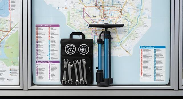 Climate Action - bicycle tool kit with patch set and pump in public transit map wall replaced by blank frame photo