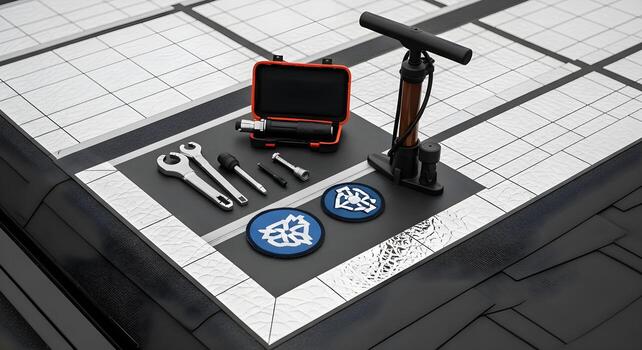 Climate Action - bicycle tool kit with patch set and pump in cool roof patch with reflective coating and grid photo