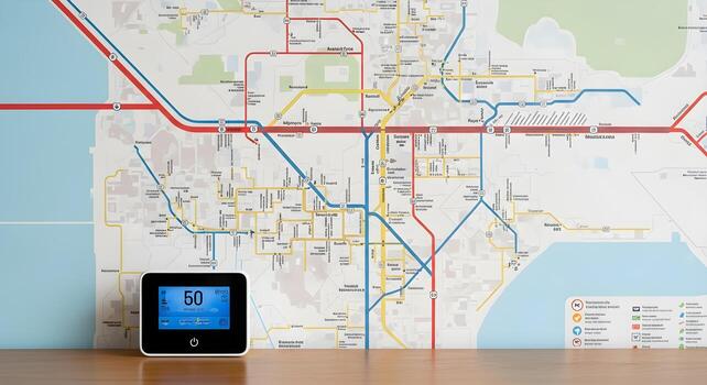 Climate Action - smart thermostat with screen off on a table in public transit map wall replaced by blank frame photo