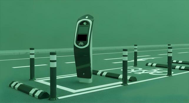 Green City - cycle counter totem with screen dark in bike superhighway with buffer posts and smooth asphalt photo