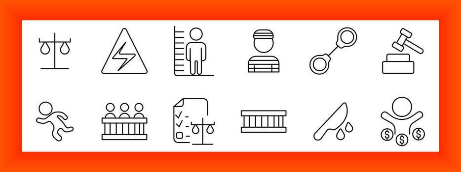 ley y justicia conjunto icono. escala, advertencia firmar, sospechar, esposas, juez, jurado, palacio de justicia, Lista de Verificación, sangre gota, dinero figura en resumido estilo vector