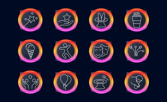 Entertainment set icon. Outlined graphics of magic wand, bunny hat, ice cream, popcorn, juggling, dance, balloons, masks inside glowing gradient circles on dark background. vector