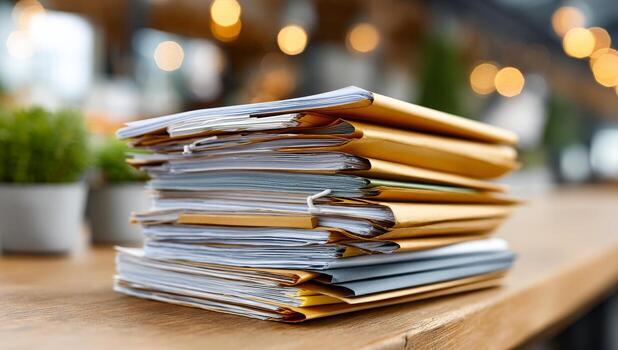 Stacked envelopes on a wooden table. A collection of stacked envelopes rests on a wooden table in a cozy cafe setting with warm lighting. photo