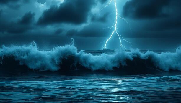 Lightning striking over the ocean with waves crashing into it photo