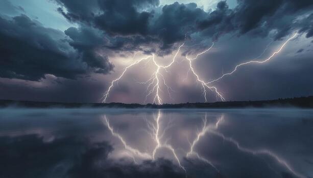 Lightning strikes over a lake with clouds and trees photo