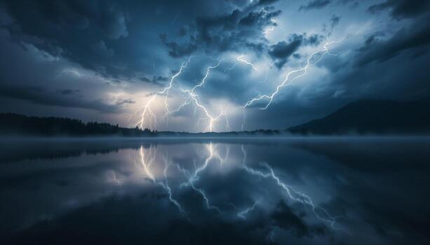 Lightning over a lake with trees and mountains in the background photo