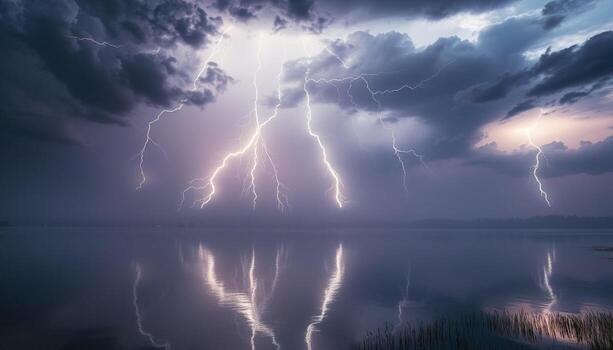 Lightning over a lake with clouds and trees photo