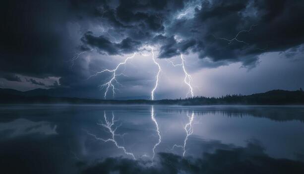 Lightning striking over a lake with trees and mountains in the background photo