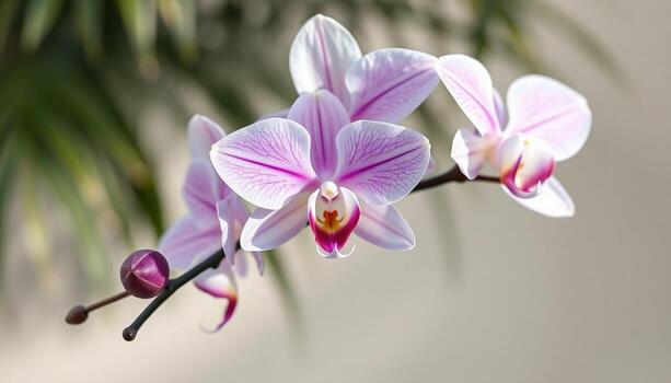 Two orchids are on a branch with a palm tree in the background photo