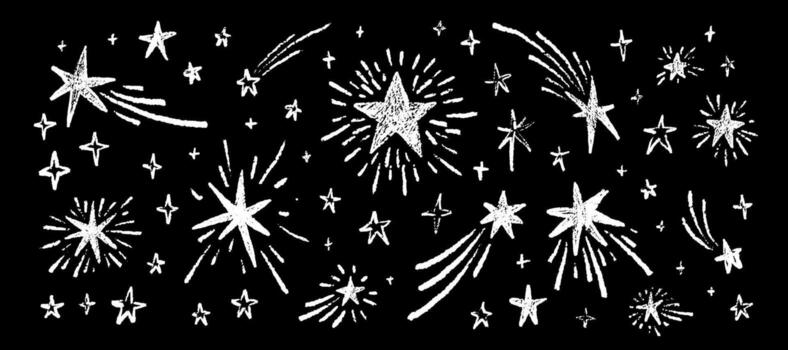 Hand drawn crayon star, twinkle, blink, glint, twinkle background. Shooting stars and comets chalk drawing on the blackboard. Pastel sketch scribbles. Pencil handwriting. Space universe doodle poster vector