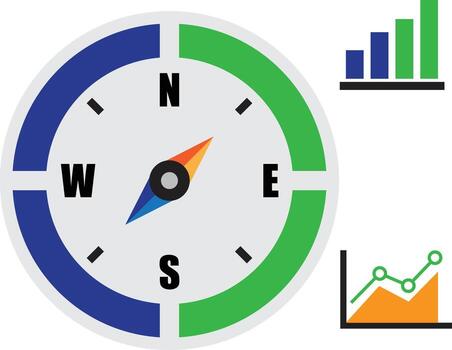 un negocio dirección y financiero crecimiento icono conjunto presentando un Brújula, bar cuadro, y línea grafico, aislado para estratégico planificación conceptos vector