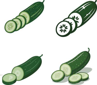 Set of fresh cucumbers and cucumber slices on white background vector