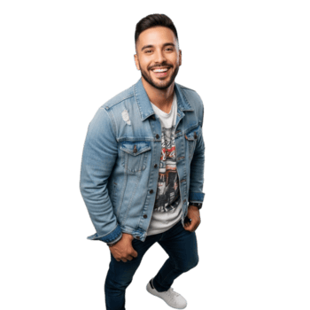 sorridente jovem homem isolado em transparente fundo é vestindo uma jeans Jaqueta e jeans enquanto olhando acima às a Câmera png