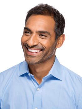 Handsome middleaged man with a neatly trimmed beard is isolated on transparent background, looking off to the side with a warm, genuine smile that radiates positivity and approachability png