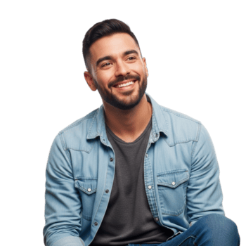 sorridente uomo nel un' denim camicia isolato su trasparente sfondo è guardare su, la creazione di un' senso Meraviglia e aspirazione, adatto per ispirazione e motivazionale soddisfare png