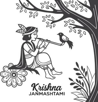 Lord Krishna playing flute under a tree with a bird vector