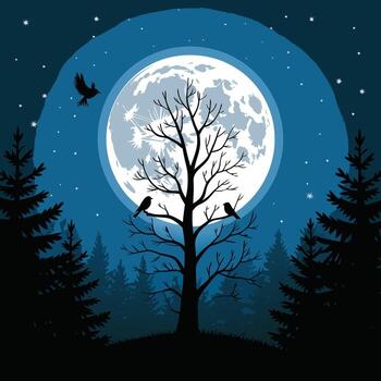 Bare tree with birds under a large full moon at night vector