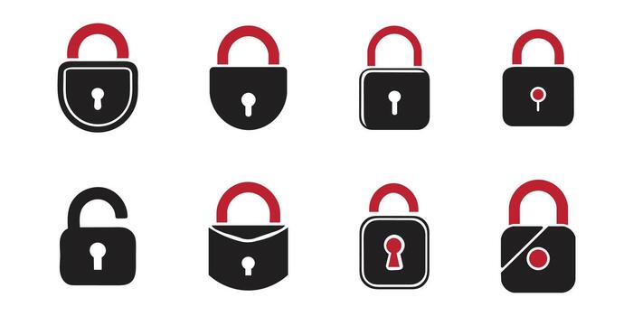 Set of eight lock icons. Each lock is unique in design. vector