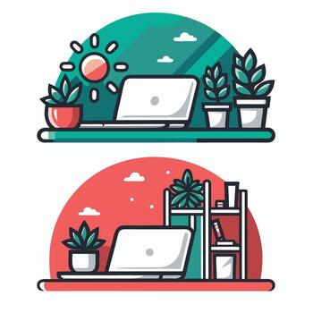 oficina escenas con computadora y en conserva plantas vector