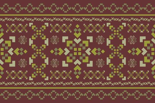 Folk pixel inspired decorative textile pattern featuring geometric and symmetrical motifs in green tones on warm brown background like in forest for ethnic handicraft traditional silk fabric prints vector